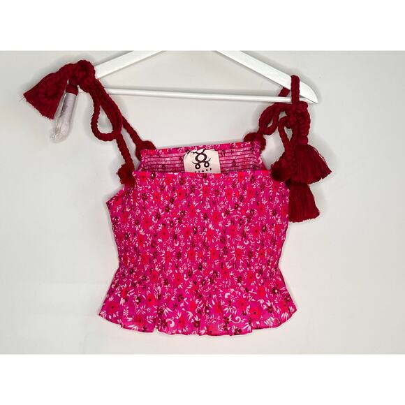 Figue Mollie Floral Print Tie Shoulder Smocked Crop Top Pink Women's Size Small - Picture 3 of 10